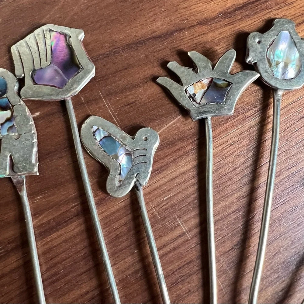 Vintage Set of 12 Abalone Mother of Pearl Inlay Mexican Silver Cocktail Picks